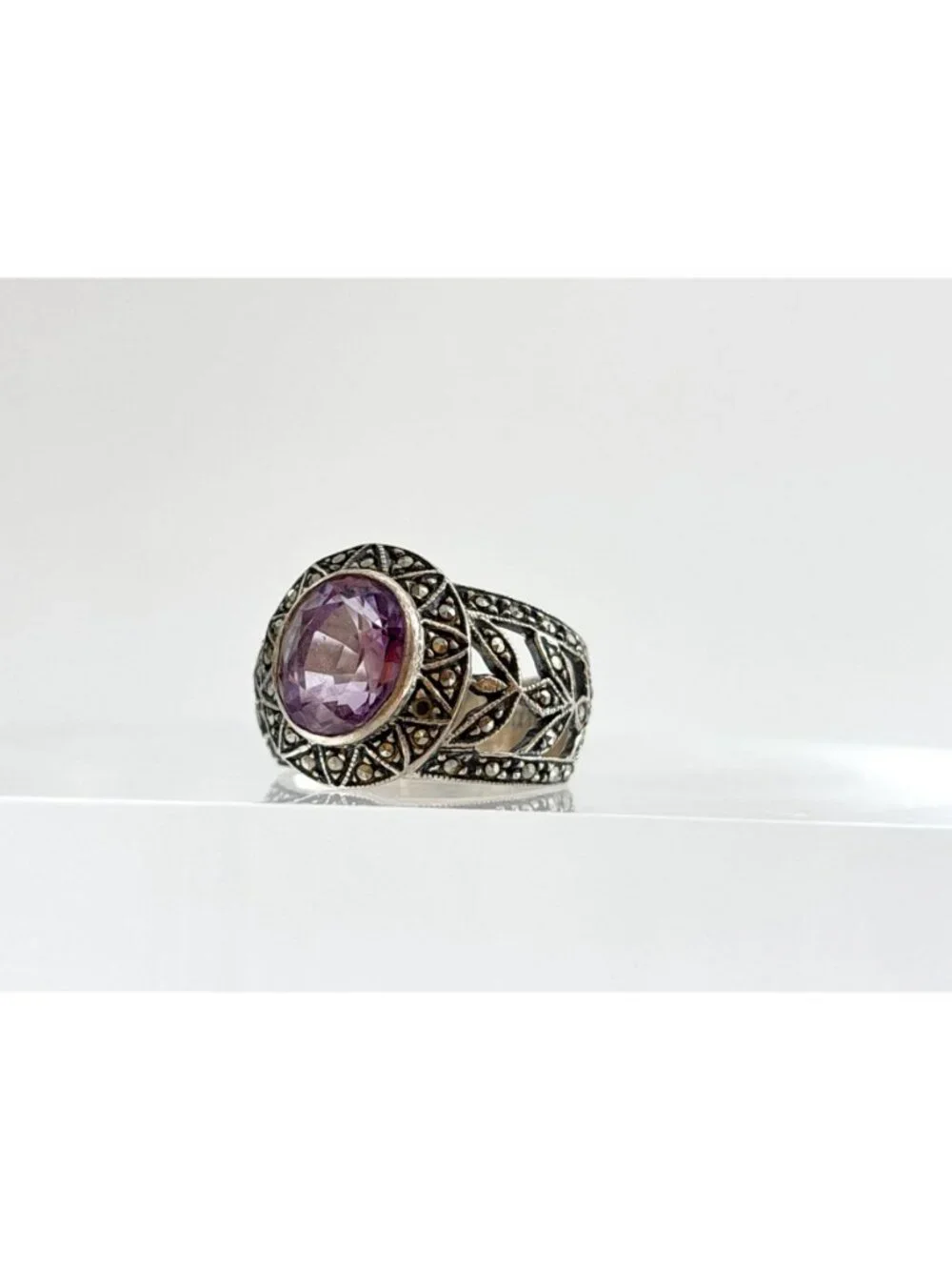 Art Deco Amethyst Gemstone Marcasite Sterling Silver 925 Vintage Ring - sz 5.75